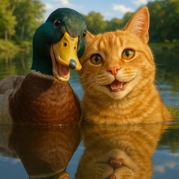 Discover a puzzle with a charming close-up of a cheerful ginger cat and a smiling mallard duck side by side on a calm lake, their bright faces and playful expre