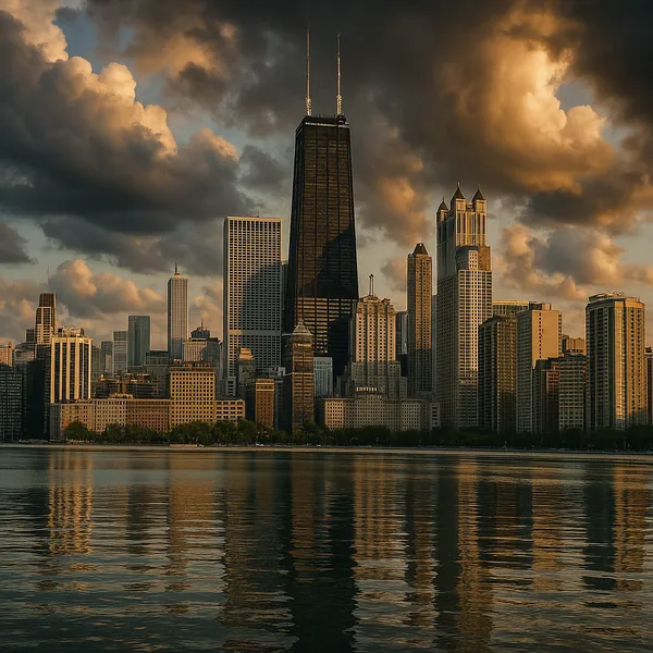 Discover a puzzle with a dramatic city skyline at golden hour, showing tall skyscrapers silhouetted against brooding, sunlit clouds.