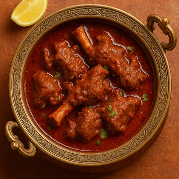 Discover a puzzle with a close-up of a steaming, rich red curry—tender meat on the bone nestled in a warm, ornate brass bowl with a bright lemon wedge and tiny