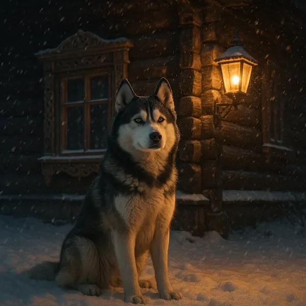 Discover a puzzle with a majestic husky seated in fresh snow before a rustic wooden cabin, bathed in the warm amber glow of a lantern against a deep blue winter