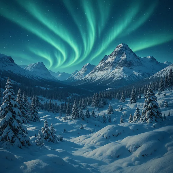 Discover a puzzle with a serene winter landscape where snow-draped fir trees and rolling snowfields stretch toward rugged, moonlit mountains beneath a sweeping