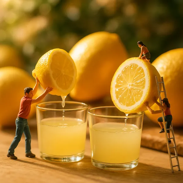 Enjoy assembling a puzzle depicting a whimsical scene of tiny people squeezing oversized lemons into two small glasses.