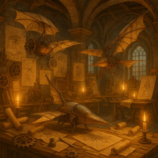 Odkryj puzzle przedstawiające przytulny warsztat w stylu steampunk, pełen misternych latających maszyn, pergaminowych szkiców i delikatnie migoczącego blasku świec.