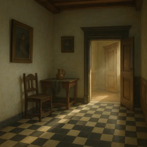 Discover a puzzle with a quiet, sunlit interior showing a simple wooden chair and table against plaster walls, a clay jug, and an open door that spills warm lig