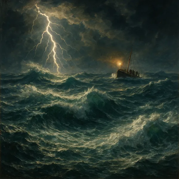 Discover a puzzle with a dramatic, storm-tossed sea lit by a sudden bolt of lightning and a lone boat holding a warm lantern.
