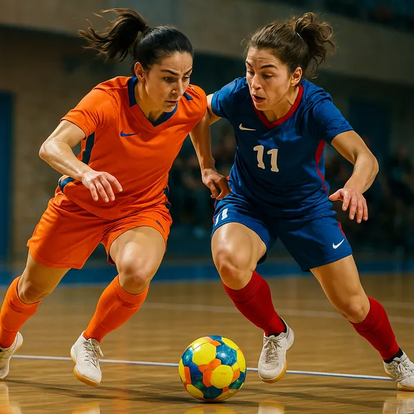 Discover a puzzle with two dynamic futsal players racing side by side as they battle for a colorful ball on a glossy indoor court.
