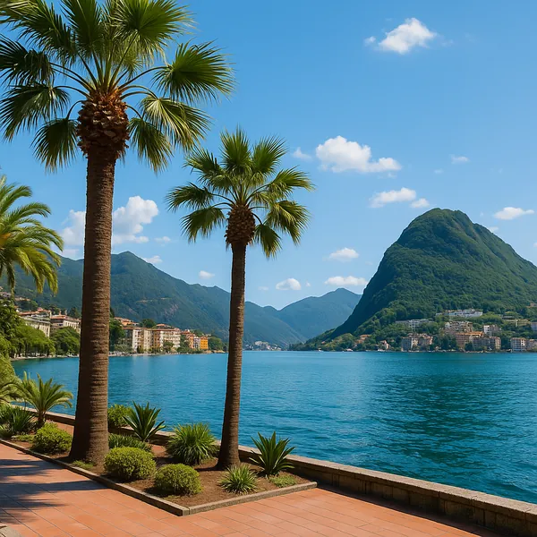 Discover a puzzle with a sunlit lakefront scene framed by tall palm trees, turquoise water, and lush green mountains under a clear blue sky dotted with fluffy c