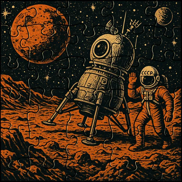 This puzzle image depicts a vintage-style space exploration scene, featuring an astronaut and a spacecraft on a rocky, extraterrestrial surface.