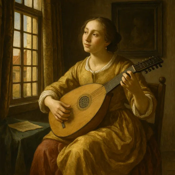 Discover a puzzle with a serene scene of a young woman playing a lute by a sunlit window.