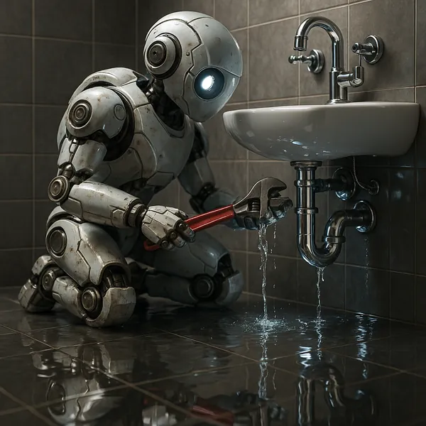 Discover a puzzle with a small robot kneeling on a glossy tiled bathroom floor as it tightens a leaking sink pipe with a red wrench.