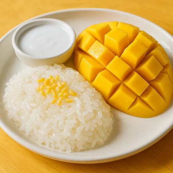 Discover a puzzle with a close-up of a classic mango sticky rice dessert: glossy golden mango cut into neat cubes beside a mound of pearly white sticky rice and