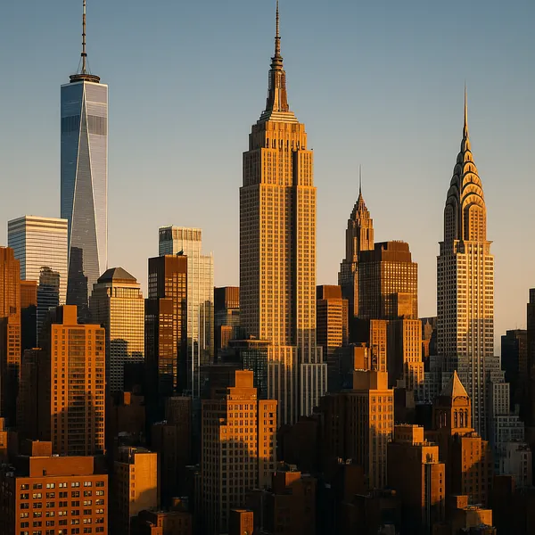 Discover a puzzle with a sun-drenched city skyline featuring soaring skyscrapers bathed in warm golden-hour light.