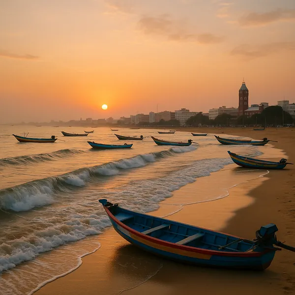 Discover a puzzle with a tranquil seaside scene at golden hour, where colorful wooden boats rest along a sandy shore as the sun sinks into a warm orange sky.