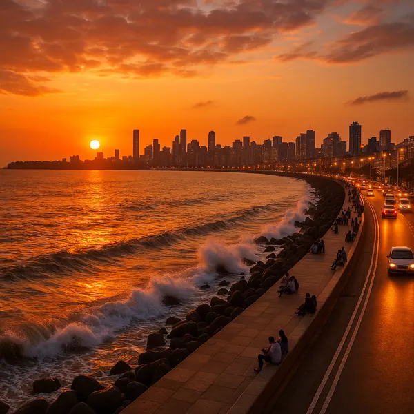 Enjoy assembling a puzzle depicting a warm city sunset along a curved seafront promenade, where golden-orange skies melt into the reflective ocean and a silhoue