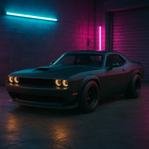 Discover a puzzle with a sleek matte-black muscle car parked in a moody garage, lit by vibrant teal and magenta neon tubes and warm, glowing round headlights.