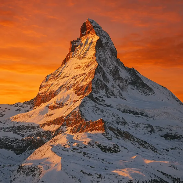 Discover a puzzle with a towering, snow‑capped mountain bathed in warm golden light against a fiery orange sunset sky.