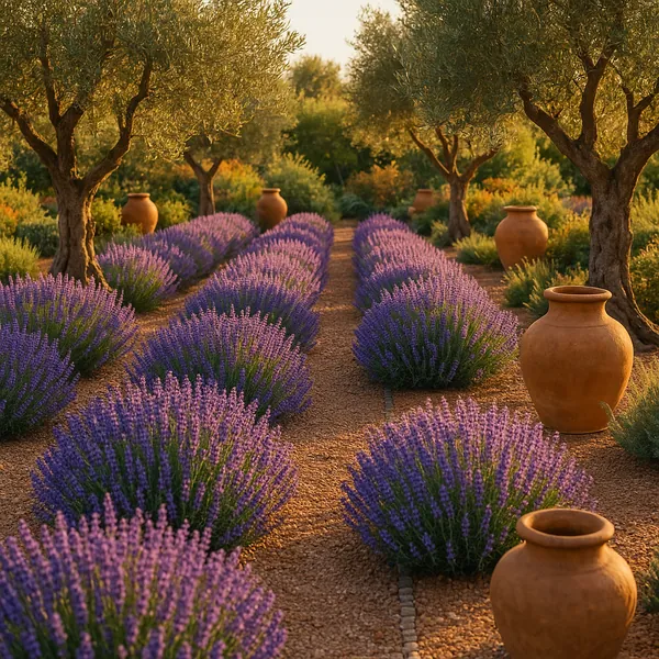 Discover a puzzle with sunlit rows of fragrant lavender beds framed by gnarled olive trees and warm terracotta urns.