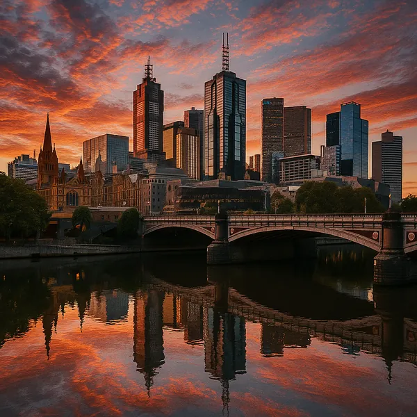 Discover a puzzle with a dramatic urban skyline at sunset reflected perfectly in calm river waters, an inviting scene for PuzzleFree.Game.