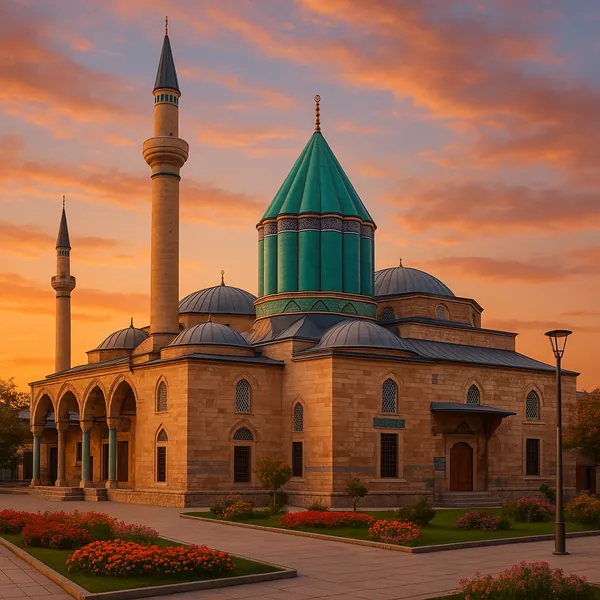 Discover a puzzle with a stunning sunset view of a historic mosque featuring a striking turquoise conical dome, graceful minarets, and warm honey-colored stone