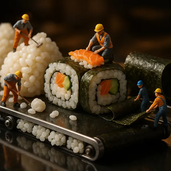 Enjoy assembling a puzzle depicting a whimsical miniature scene of tiny workers crafting sushi rolls—glossy white rice, deep green nori, and bright orange salmo