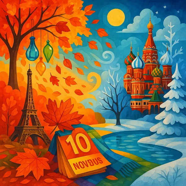 Discover a puzzle with a whimsical autumn-to-winter scene that blends warm oranges and reds on the left with cool blues and icy whites on the right.