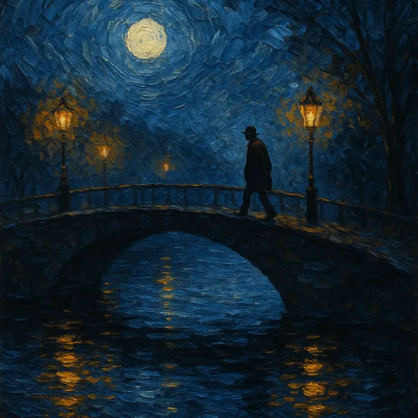 Discover a puzzle with a moonlit scene of a lone figure crossing an arched bridge under glowing lampposts.