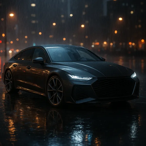 Discover a puzzle with a sleek dark sports car parked on glistening wet pavement under a rainy city night — cool steel-blue tones mingle with warm amber bokeh c