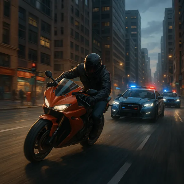 Discover a puzzle with a dramatic urban chase scene: a sleek red sportbike leaning low through wet streets as police cruisers with flashing blue and red lights