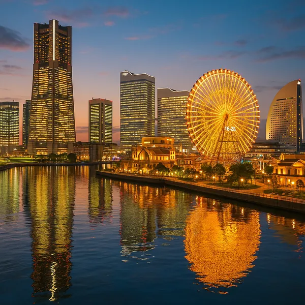 Discover a puzzle with a glowing city skyline at dusk, where a giant, golden Ferris wheel lights up the harbor and reflects in calm, rippling water.