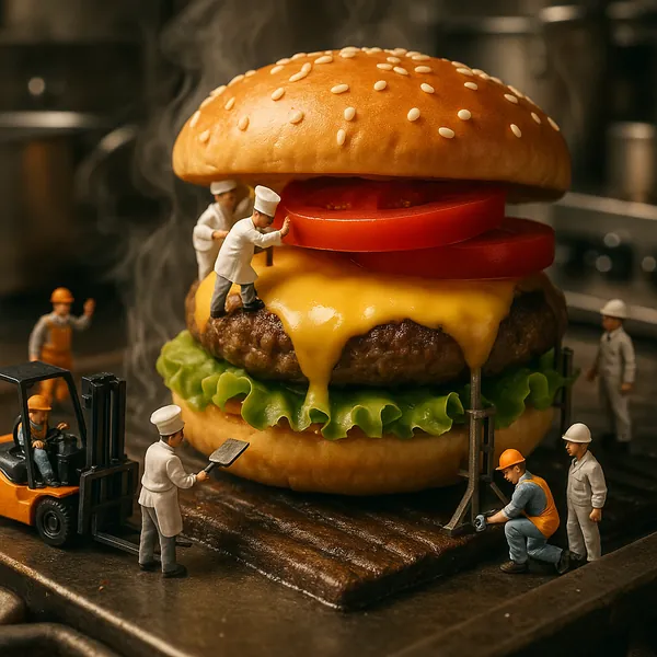 Discover a puzzle with a whimsical close-up of a steaming cheeseburger being tended by tiny chefs and construction workers — a playful food-art scene that blend