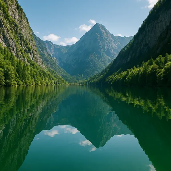 Discover a puzzle with a serene alpine lake framed by towering, forested mountains and a clear blue sky reflected perfectly in the glassy water.