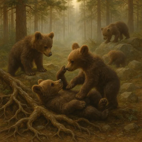 Discover a puzzle with a charming scene of playful bear cubs romping among exposed tree roots and mossy rocks in a softly misted pine forest.