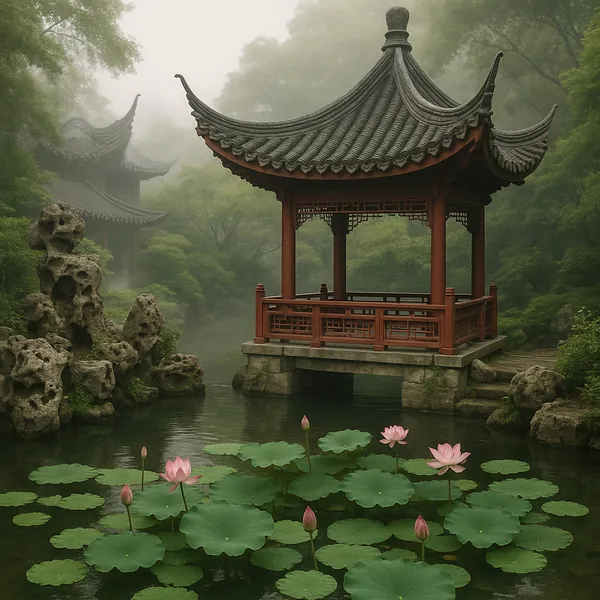 Discover a puzzle featuring a mist-shrouded pagoda-style pavilion set above a tranquil pond dotted with green lotus pads and soft pink blooms.