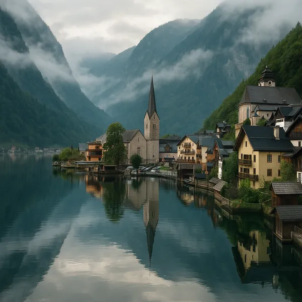 Discover a puzzle with a misty alpine village nestled between steep, forested mountains and a glassy lake.