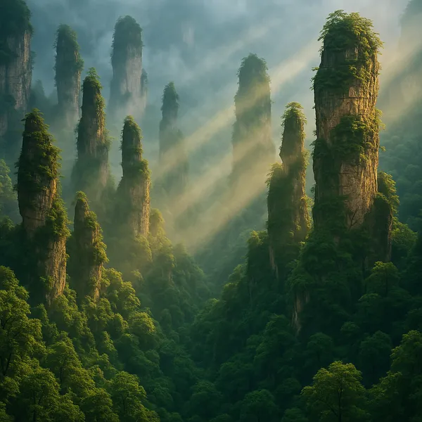 Discover a puzzle with towering, pillar-like rock formations rising from a lush, misty forest, bathed in soft golden sunbeams.