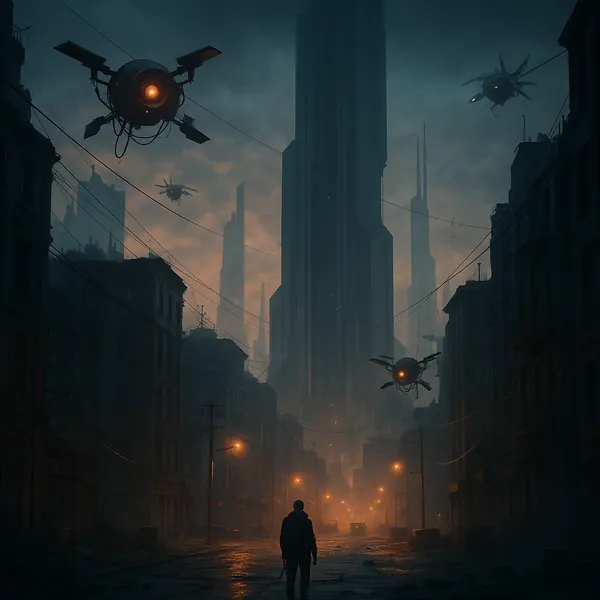 Discover a puzzle with a moody, futuristic cityscape at dusk, where a lone figure walks down a rain-slick street toward towering, shadowy skyscrapers and hoveri