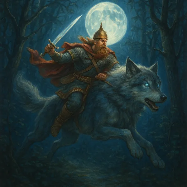 Discover a puzzle with a dramatic, moonlit scene of a bearded warrior in armor riding a giant wolf through a dark forest.