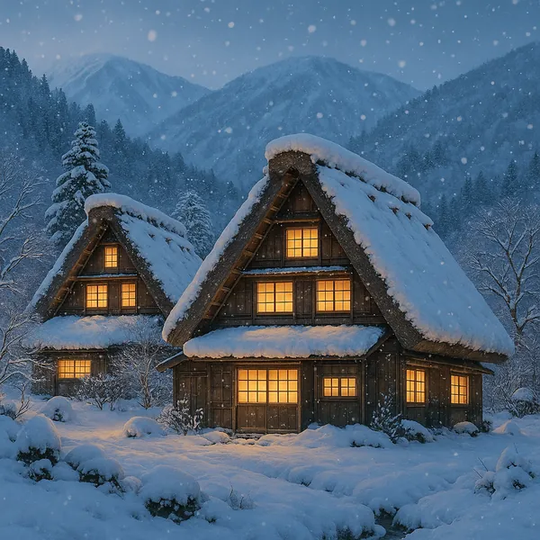 Discover a puzzle with two cozy, snow-covered cottages nestled in a tranquil mountain valley at dusk.