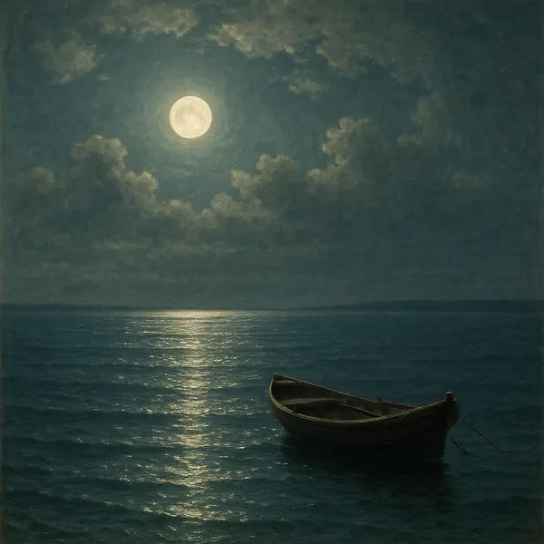 Discover a puzzle with a serene moonlit seascape: a full moon hangs in a cloud-streaked sky, casting a silvery path across gently rippling dark-blue water towar