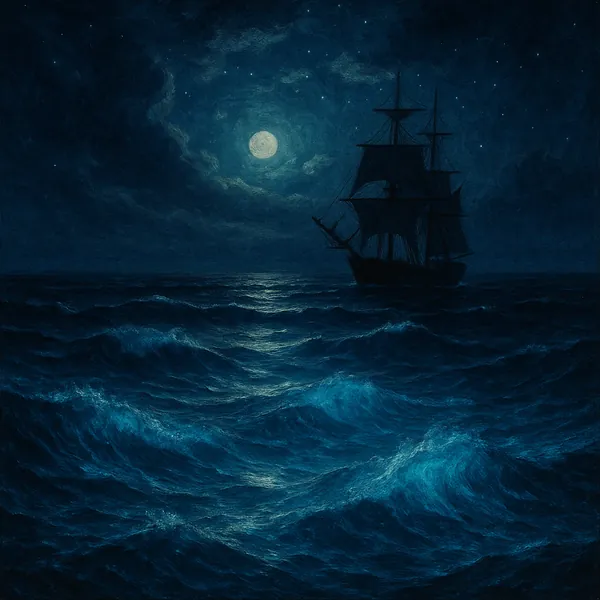 Discover a puzzle with a moonlit tall ship silhouetted against a starry night sky, drifting on rolling ocean waves.