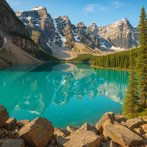 Discover a puzzle with a serene mountain lake framed by rugged rocks, dense pine forest, and snow-capped peaks reflected in vivid turquoise water.