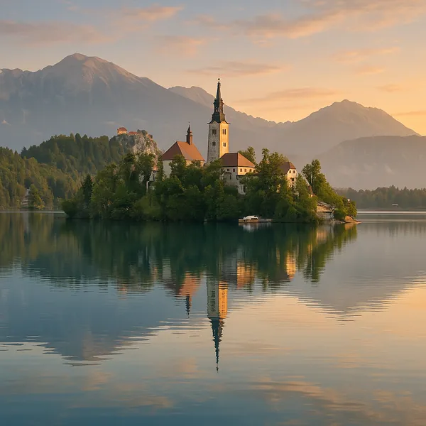 Discover a puzzle with a tranquil island church nestled on a mirror-smooth lake at golden hour.