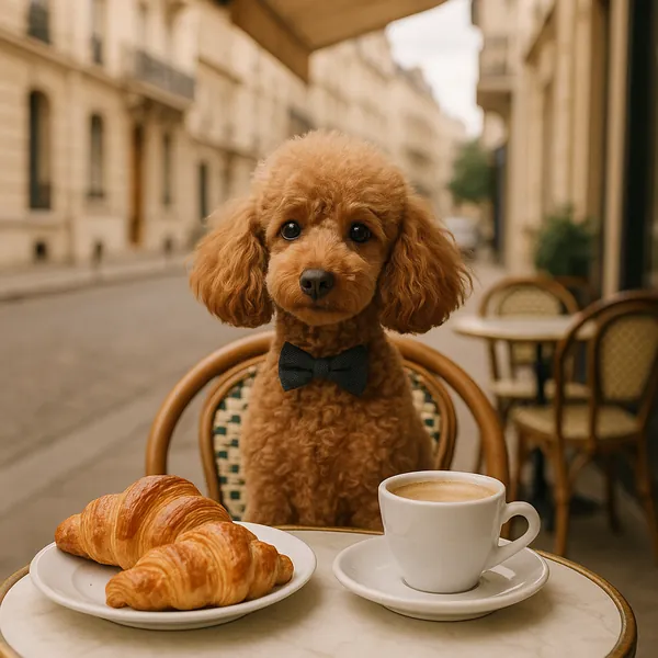 Discover a puzzle with an adorable brown poodle in a tiny bow tie seated at a Parisian café table, the scene framed by wicker chairs, soft beige buildings, and