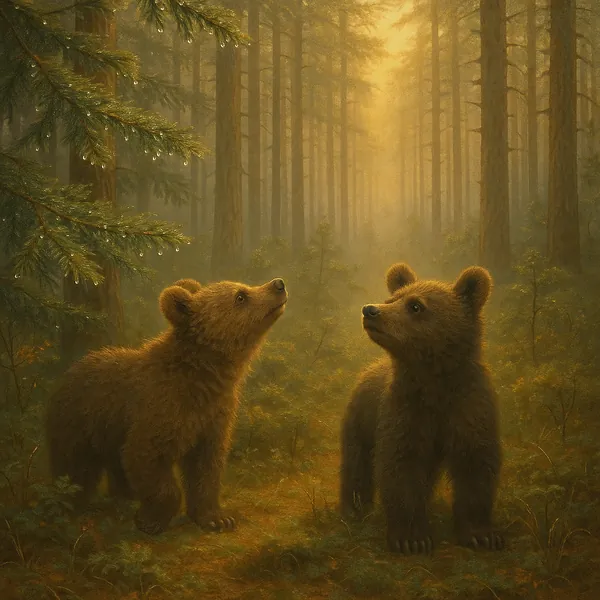 Discover a puzzle with two curious bear cubs standing in a misty, sunlit forest glade.