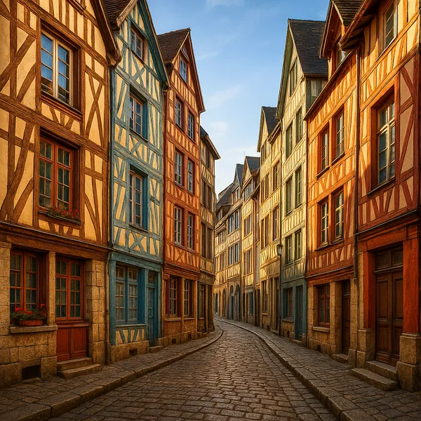 Discover a puzzle with a charming, sunlit cobblestone street lined by colorful timber-framed houses.