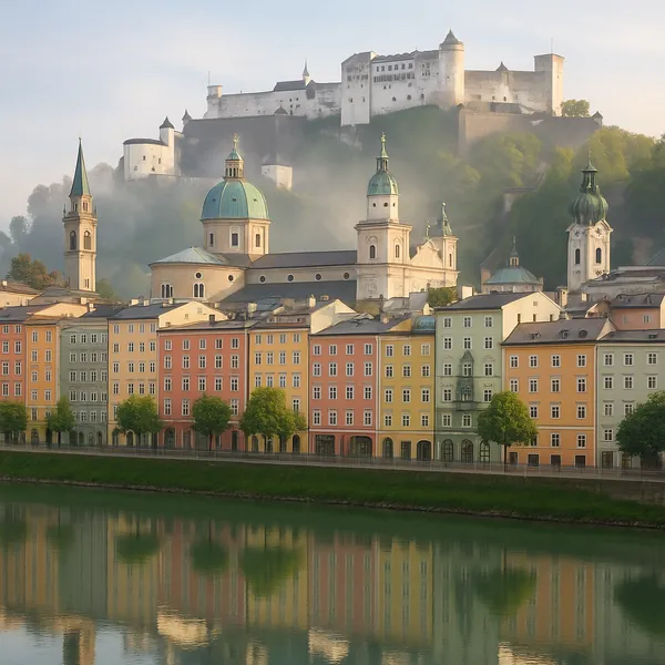 Enjoy assembling a puzzle depicting a charming riverside row of pastel townhouses and elegant domes reflected in a calm green river, with a misty hilltop fortre