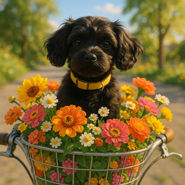 Enjoy assembling a puzzle depicting an adorable black puppy sitting in a bicycle basket filled with bright zinnias and daisies.
