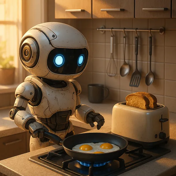 Enjoy assembling a puzzle depicting a charming retro robot cooking breakfast in a cozy sunlit kitchen.