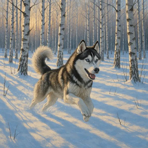 Enjoy assembling a puzzle depicting a joyful Siberian husky bounding through a sunlit birch forest carpeted in fresh snow.