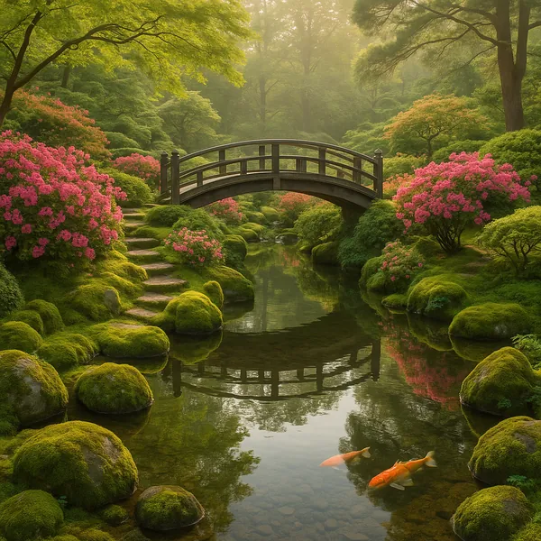 Discover a puzzle with a tranquil Japanese garden scene: a graceful wooden arched bridge spanning a mirror‑still stream, mossy stepping stones, and vibrant pink